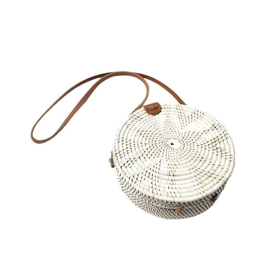 Women Handmade Rattan Round Woven Wicker Beach Straw Shoulder Strap Bag White